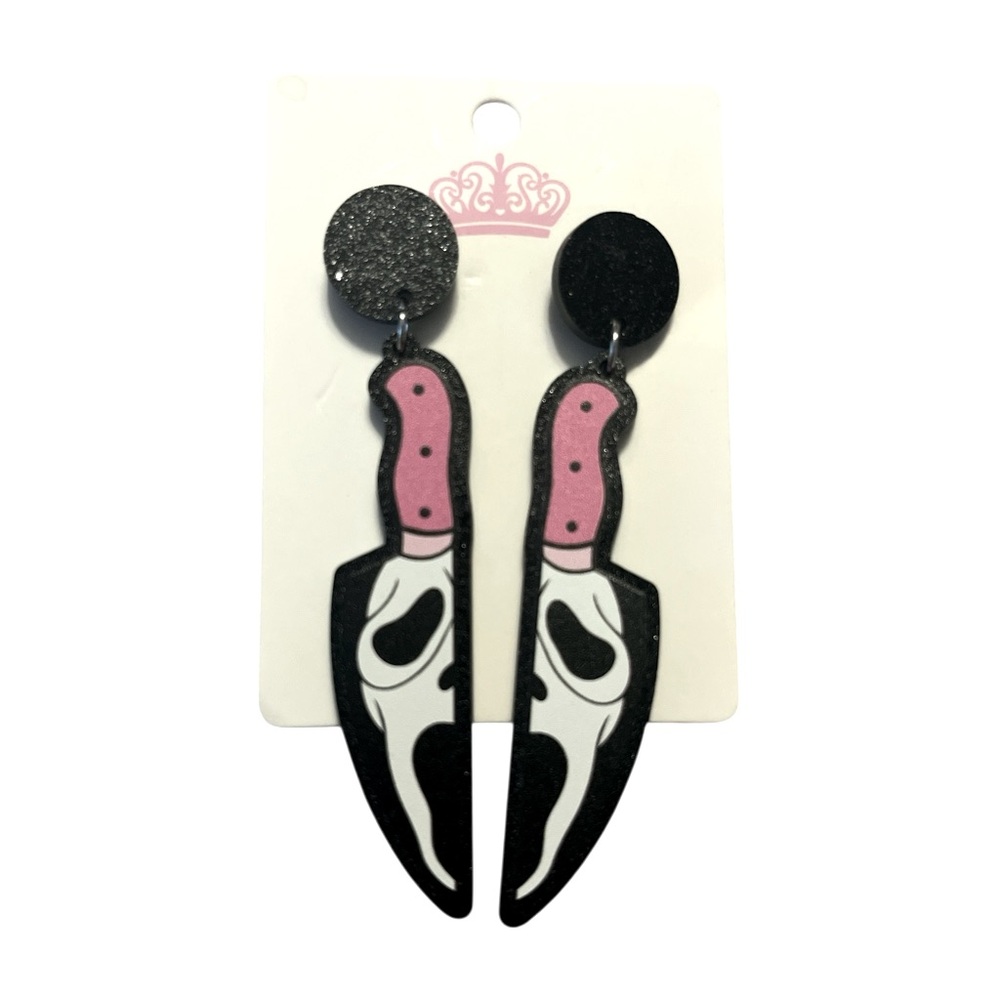 Ghost Face Pink and Black Knife Earrings